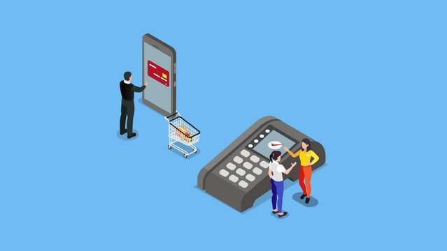 Shoppers and Electronic Data Capture machine artoon animation in 4K UHD 3840x2160