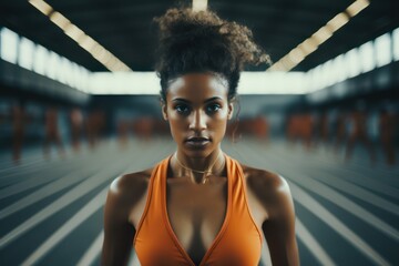 Beautiful african american woman with afro hairstyle in sportswear, fitness portrait photo