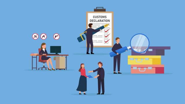 Customs Officer Characters Filling Customs Declaration and Check Passenger