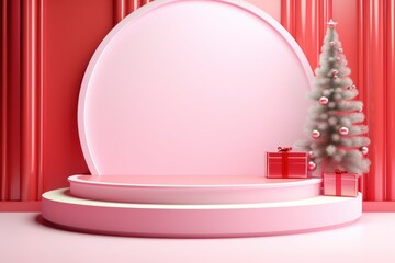 3D Render Empty Podium for Christmas Offer, Xmas Pedestal for Product Presentation, Christmas Sale Off Advertising. Generative Ai