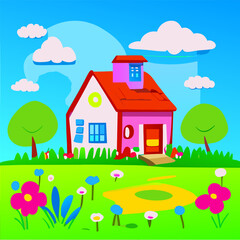 cottages in a countryside with flowers, vector illustration cartoon