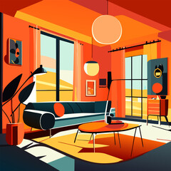 very spacious living room set up with sunlight shining in, with sofa on the side, vector illustration cartoon