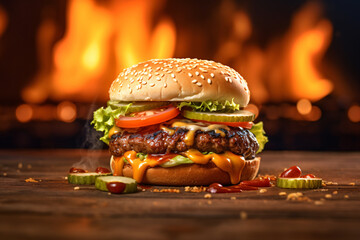 Tasty burger with french fries and fire