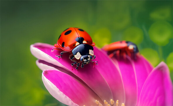 Macro realistic image of little ladybug on pink petals , AI generated