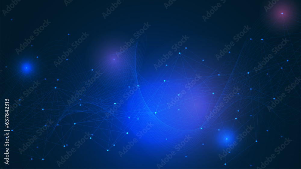 Poster abstract futuristic network technology with connect dots and lines and wave flow. big data visualiza