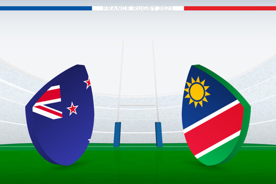 Match Between New Zealand And Namibia, Illustration Of Rugby Flag Icon On Rugby Stadium.