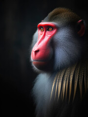 Portrait of a lonely mandrill on a blurred background - obrazy, fototapety, plakaty