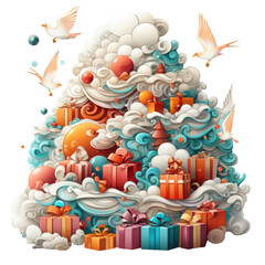 Obraz premium A dreamy Christmas Tree and gift boxes T-shirt Design, floating on a cloud in the sky, surrounded, Generative Ai