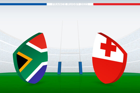 Match between South Africa and Tonga, illustration of rugby flag icon on rugby stadium.