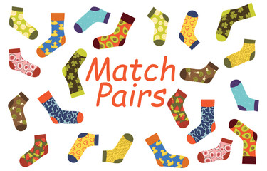 Find matched socks. Matching socks game. Matching socks game. Children education logic game. Cartoon Vector Illustration