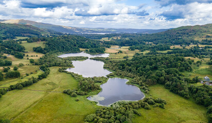 Aerial view of river Brathay above Elterwater, England