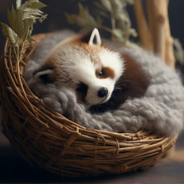 photo of an adorable baby red panda sleeping on a very comfortable material, modern touch, studio look, bamboo props