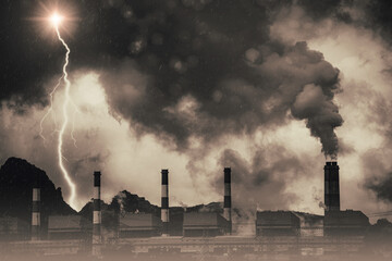 Industry chimney release dirty smoke carbon monoxide air pollution acid rain to lanina global...