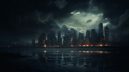 Fototapeta na wymiar Ominous cityscape under dark sky