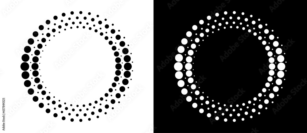 Poster Modern abstract background. Halftone dots in circle form. Round logo. Vector dotted frame. Design element or icon. Black shape on a white background and the same white shape on the black side.