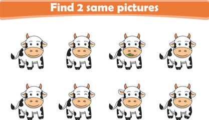 Funny cartoon cow. Find two same pictures. Educational game for children. Cartoon vector illustration