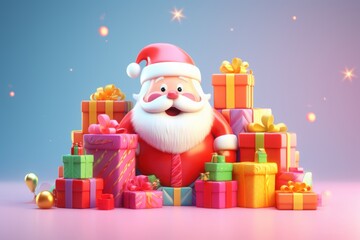3D Render Santa Claus with Christmas Gift Boxes, Merry Christmas and Happy New Year Background. Generative Ai
