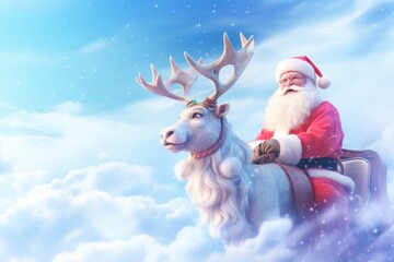 Santa Claus with Reindeer on Cloudy Sky, Santa Claus Delivery Christmas Gift Boxes, Xmas Happy New Year. Generative Ai