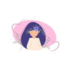 Mental women's health.
A young beautiful woman enjoys life, shows love and care for herself.
Flat vector illustration with positive attitude concept.