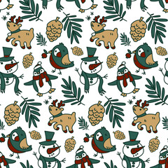 Seamless Christmas pattern with festive elements and green outline. Children's texture of the winter holiday Christmas, New Year. Printing on textile and paper design in retro style. Packaging