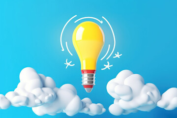 3D Render Light Bulb Floating on Cloudy Blue Background. Smart Thinking, Brainstorming and Creative Idea Concept. Generative Ai