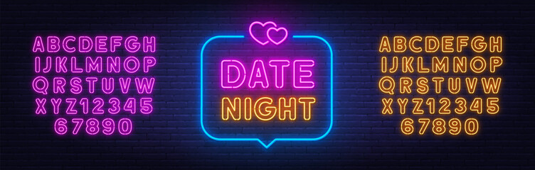Fototapeta na wymiar Date Night neon sign in the speech bubble on brick wall background.
