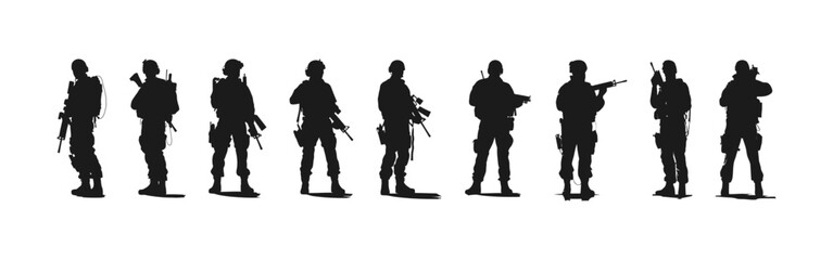 Set of black silhouettes of soldiers isolated on white background, vector illustration - obrazy, fototapety, plakaty