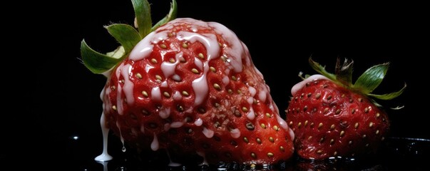 Strawberry fruit with white spot fungus, moldy strawberries, food banner panorama. Generative Ai.