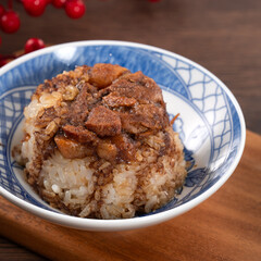 Migao, tube rice cake, rice pudding in a bowl, delicious Taiwanese street food.
