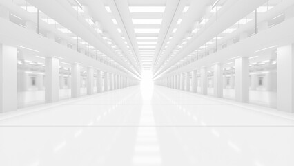 Corridor in space station or in laboratory and bright light from the destination.  Science elements and innovation background. 3D Render.