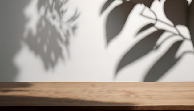 Harmony of Elements: White Wall, Wooden Table, and Graceful Plant Shadows"