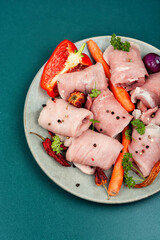 Raw pork meat, steaks.