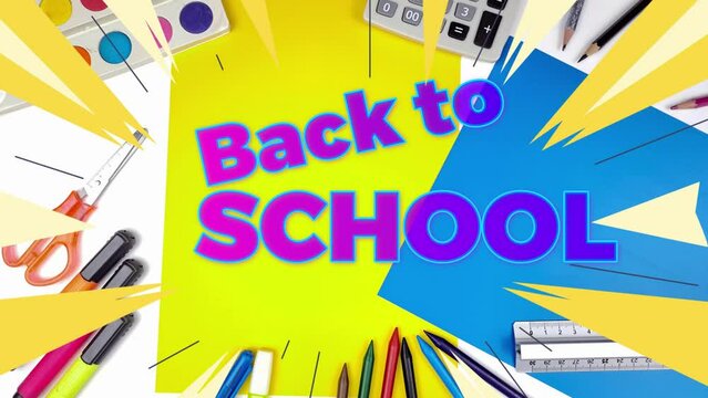 Back to school illustration on blackboard. Crayons, ruler, tempera and stationery for school.