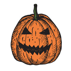 Pumpkin lantern hand drawn vector illustration on isolated white background. Halloween lantern, funny pumpkin face for congratulations on Halloween, All Saints Day, autumn holiday. Design element 