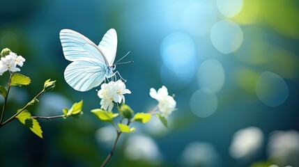 close up blue white butterfly suck sweet nectar from flowers that blossoming on tree branch, calm peaceful atmosphere, Generative Ai