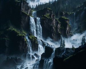 A majestic, powerful waterfall cascading down a rocky cliff face