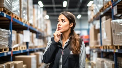 Portrait of beautiful smiling attractive woman auditor or trainee staff work looking up stock taking inventory in warehouse.

