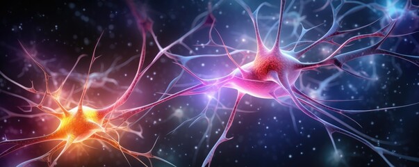 Human brain showing neurons firing and neural extensions, panorama banner. Generative Ai.
