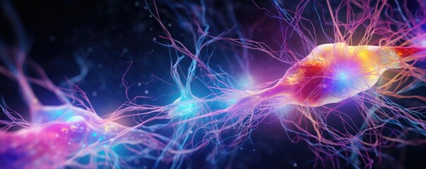 Human brain showing neurons firing and neural extensions, panorama banner. Generative Ai.
