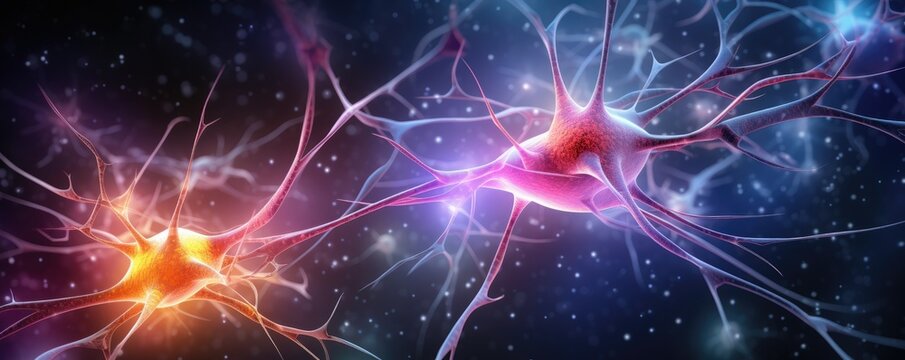 Human brain showing neurons firing and neural extensions, panorama banner. Generative Ai.