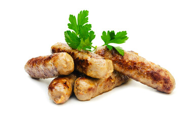 Tasty grilled sausage and twig of parsley on a white background