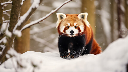 Red panda walking in the snowy forest
