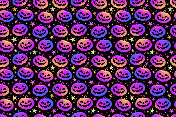 Seamless pattern of cartoon smiling halloween pumpkins