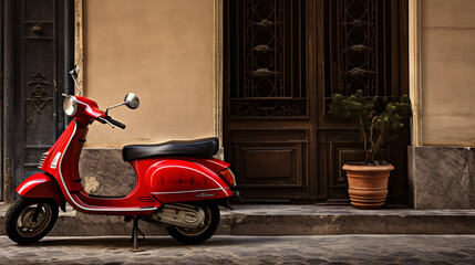 Red scooter with old door balcony background