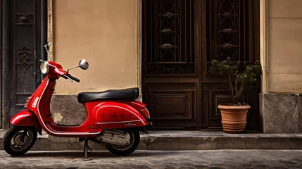 Foto op Canvas Red scooter with old door balcony background © Gefer