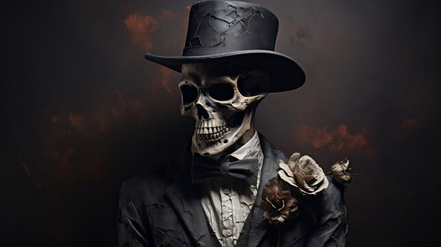 Dark elegance, Skeleton in a top hat exuding macabre charm