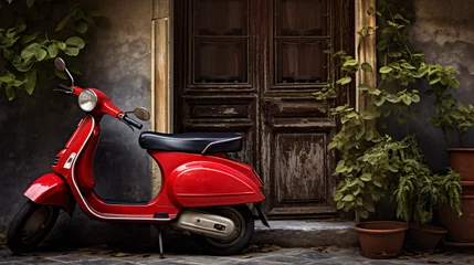 Poster Red scooter with old door balcony background © Gefer