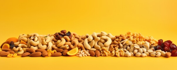 Mix of different types of nuts and dried fruit, healthy food panorama. Generative Ai.