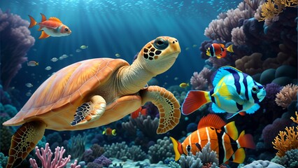 Exploring the Vibrant Underwater World with Turtles, Colorful Fish, and Coral Reefs ai generated