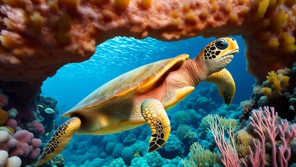 Fototapeta premium Exploring the Vibrant Underwater World with Turtles, Colorful Fish, and Coral Reefs ai generated